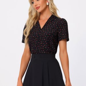 Short Sleeve Casual Cherry Print Notched Lapel Collar Shirt Blouse Black/XL - Allegra K catalog