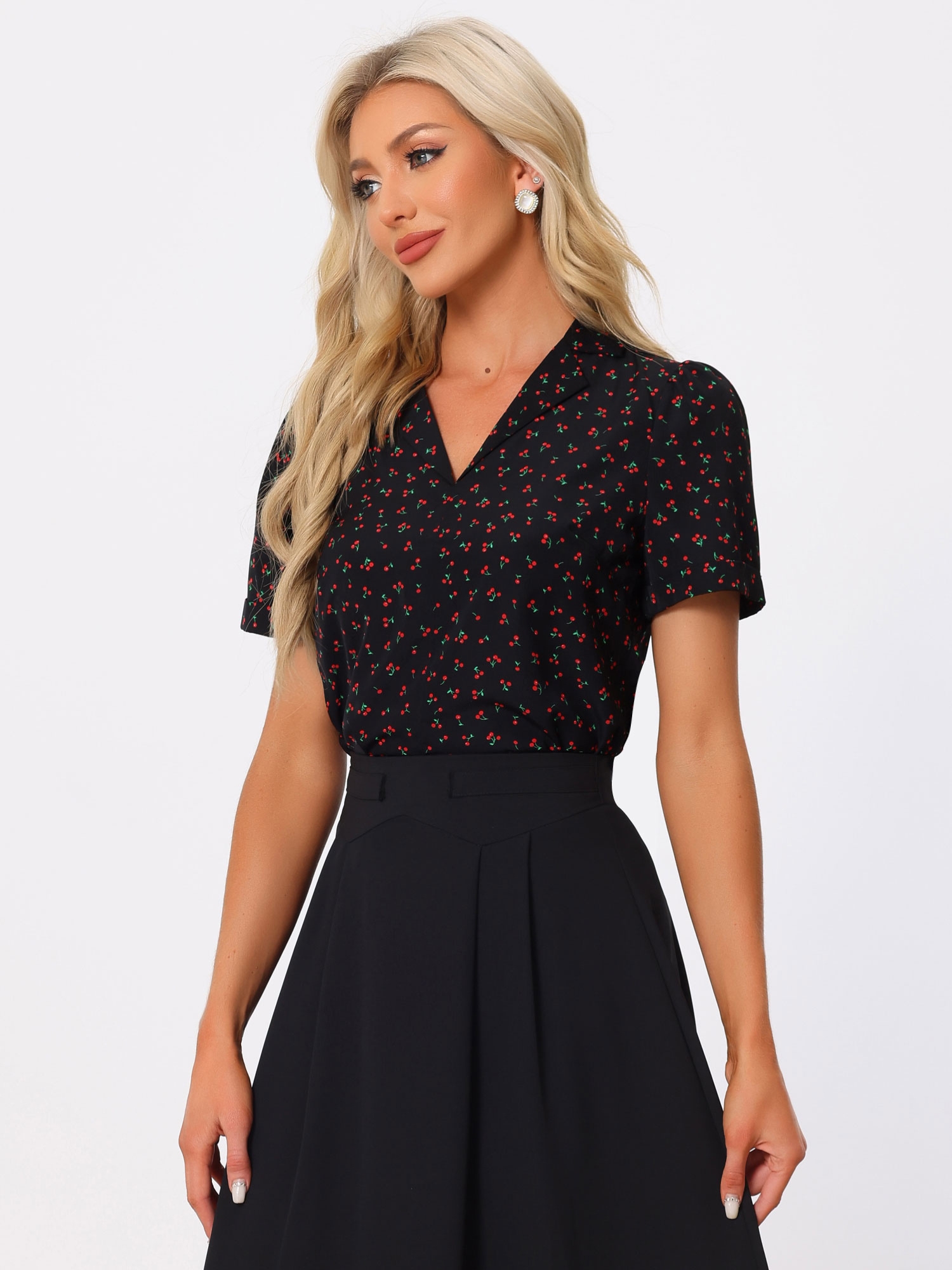 Short Sleeve Casual Cherry Print Notched Lapel Collar Shirt Blouse Black/XL - Allegra K catalog