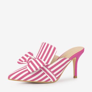 Stripe Bow Slip on Stiletto Heel Slides Mules Hot Pink/8 - Allegra K catalog