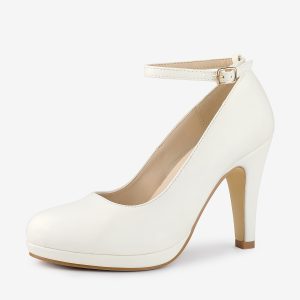 Round Toe Stiletto Heel Ankle Strap PU Leather Pumps White/7 - Allegra K catalog