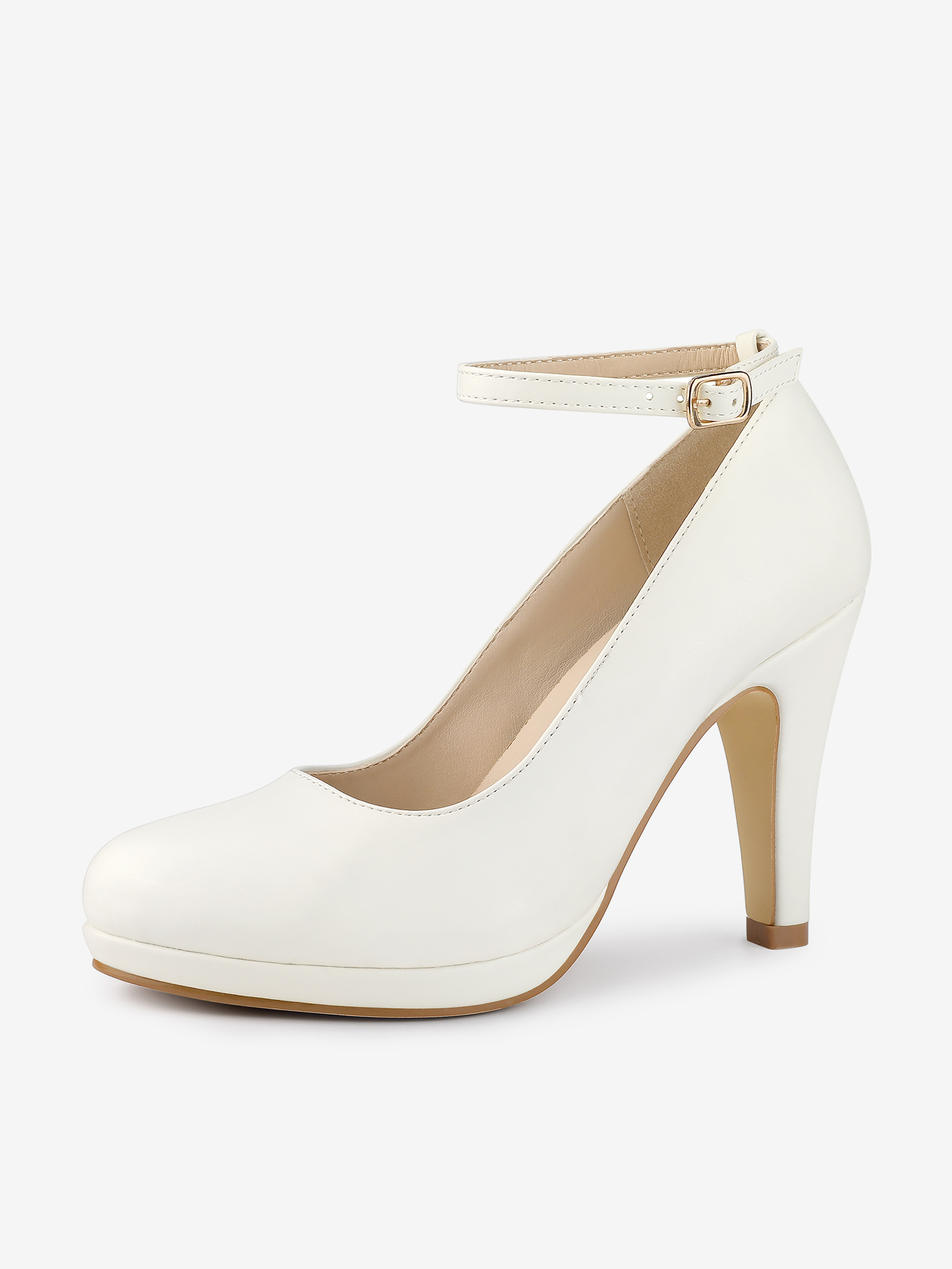 Round Toe Stiletto Heel Ankle Strap PU Leather Pumps White/7 - Allegra K catalog