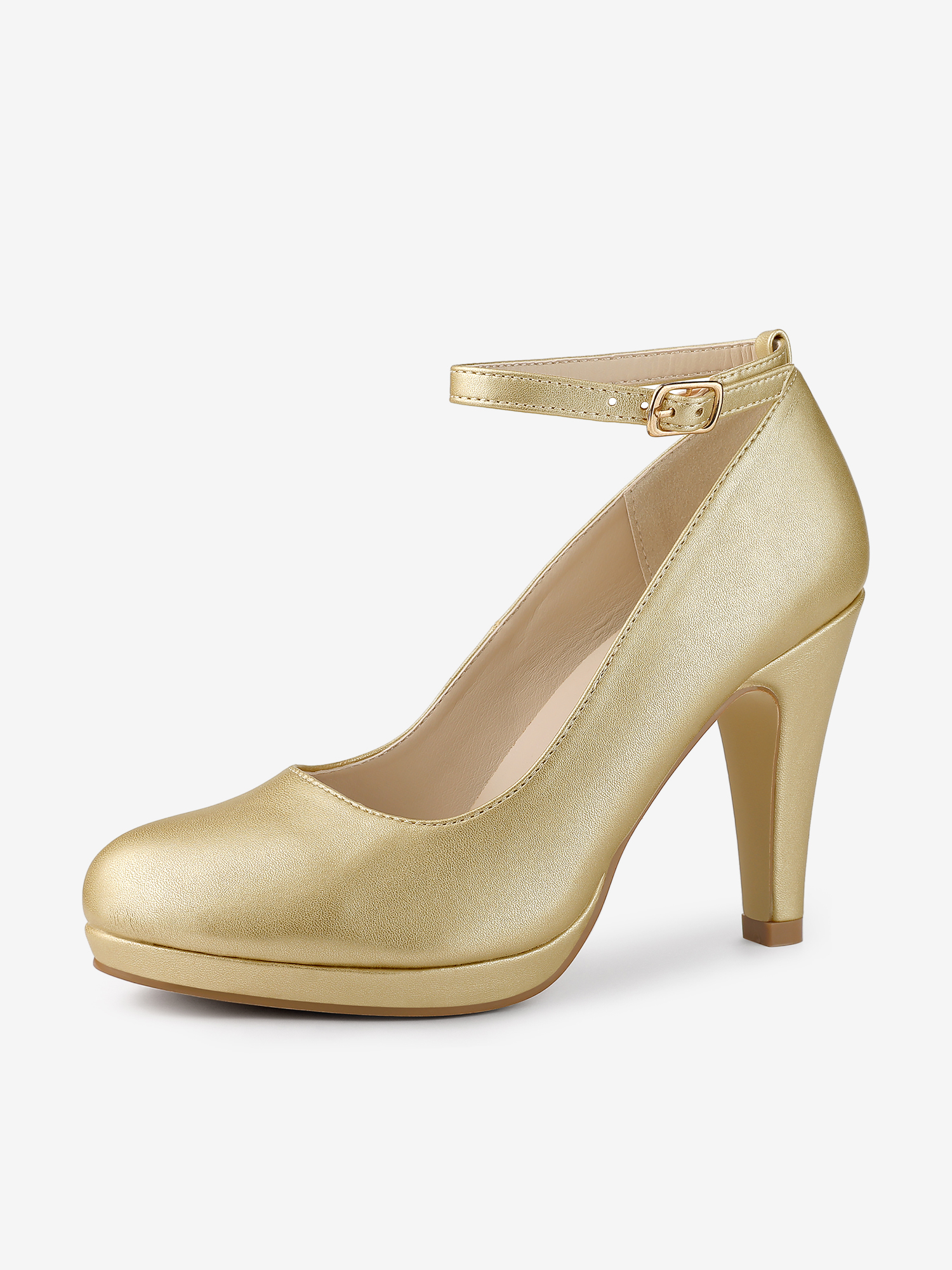 Round Toe Kitten Heel Ankle Strap PU Leather Pumps Gold/6 - Allegra K catalog