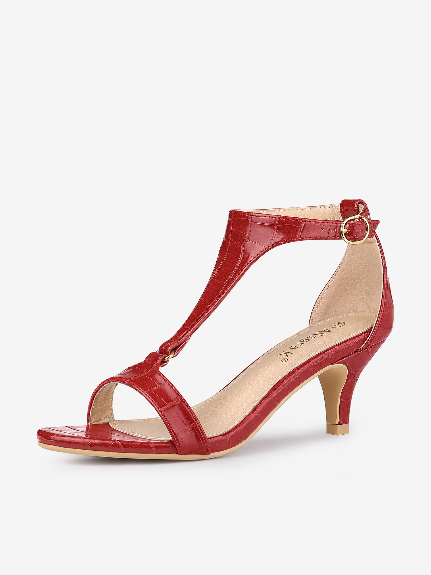 Women's T-Strap Croc Embossed Kitten Heel Sandals Red/9 - Allegra K catalog