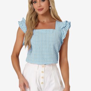 Summer Gingham Tops Square Neck Ruffle Cap Sleeve Blouse Lake Blue/M - Allegra K catalog