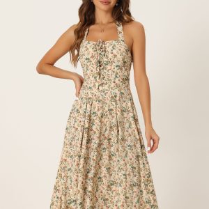 Halter Neck Floral Summer Sundress Sleeveless Lace Up Midi Dress Beige/S - Allegra K catalog