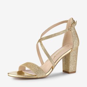 Glitter Crisscross Strap Block Heel Sandals Gold/6 - Allegra K catalog