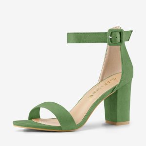 High Chunky Heel Faux Suede Buckle Ankle Strap Sandals Olive Green/4.5 - Allegra K catalog