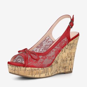 Lace Open Toe Platform Wedge Heel Bow Decor Sandals Red/10 - Allegra K catalog