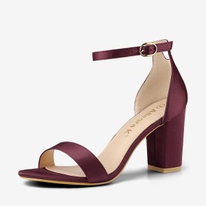 Satin Open Toe Ankle Strap Chunky Heel Sandals Burgundy/6.5 - Allegra K catalog