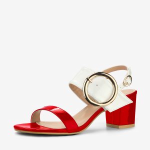 Dual Straps Buckle Decor Slingback Block High Heel Sandals Red White/7 - Allegra K catalog
