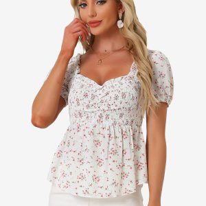 Puff Short Sleeve Floral Shirred Ruffle Peplum Blouse White/XL - Allegra K catalog