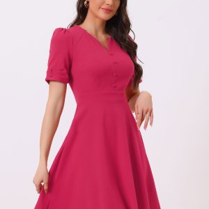 Elegant Short Puff Sleeve V Neck A-Line Zipper Side Office Dress Hot Pink/XL - Allegra K catalog