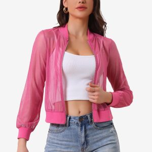 Sheer Mesh Shiny Long Sleeve See Through Zip Up Jacket Hot Pink/M - Allegra K catalog