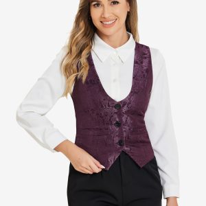 Vintage Button Up Jacquard Steampunk Waistcoat Suit Vest Dark Purple/XS - Allegra K catalog