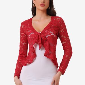 Floral Lace Shrug Tie Front Ruffled Hem Sheer Crop Bolero Red/XL - Allegra K catalog