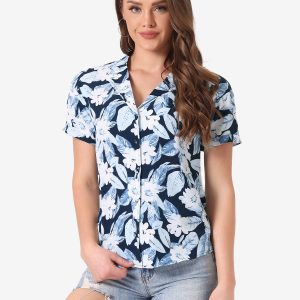 Hawaiian Tropical Leaves Floral Short Sleeve Button Down Shirt Deep Blue/S - Allegra K catalog