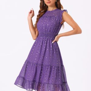 Chiffon Sleeveless Smocked Waist Gilding Metallic Stars Party Dress Purple/XS - Allegra K catalog