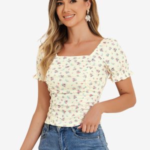 Smocked Crop Top Slim Fit Peasant Floral Blouse Beige Yellow/M - Allegra K catalog
