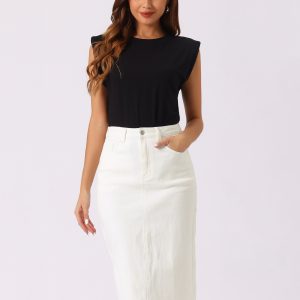 Casual Denim High Waist Stretchy Midi Pencil Jean Skirt Cream White/XS - Allegra K catalog