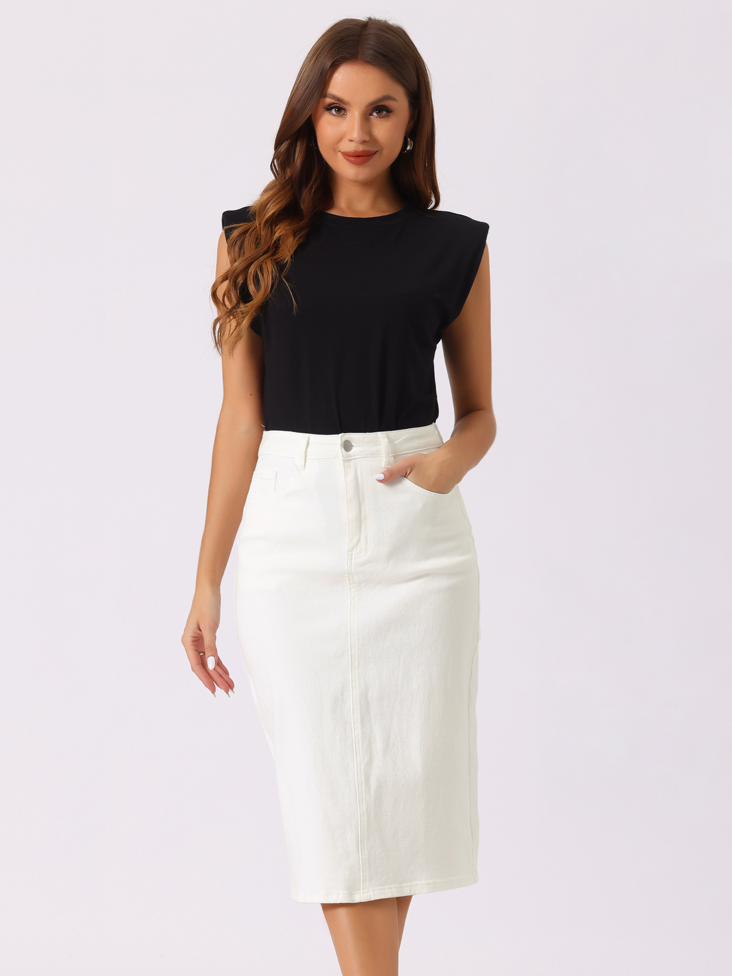 Casual Denim High Waist Stretchy Midi Pencil Jean Skirt Cream White/XS - Allegra K catalog