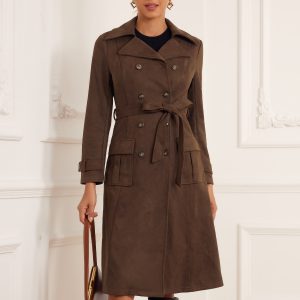 Faux Suede Notched Lapel Double Breasted Belted Long Sleeve Trench Coat Dark Coffee/XL - Allegra K catalog