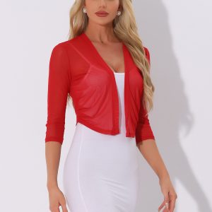 Chiffon 3/4 Sleeve Open Front Bolero Mesh Sheer Shrug Red/L - Allegra K catalog