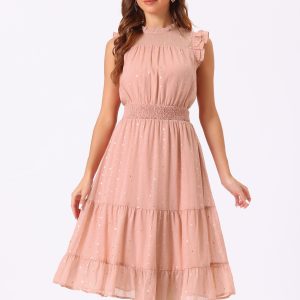 Chiffon Sleeveless Smocked Waist Gilding Metallic Stars Party Dress Dusty Pink/XS - Allegra K catalog