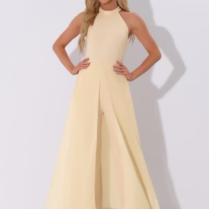 Sleeveless Halter Neck Belted Elegant Wedding Cocktail Dressy Jumpsuits Apricot/L - Allegra K catalog