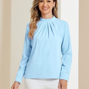 Stand Collar Chiffon Long Sleeve Business Casual Work Blouse Light Blue/L - Allegra K catalog