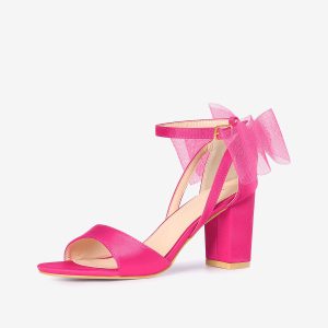 Women's Mesh Bow Ankle Strap Open Toe Chunky Heel Sandals Hot Pink/8 - Allegra K catalog