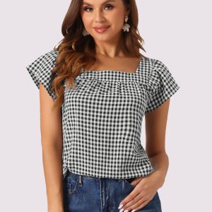 Square Neck Short Sleeves Gingham Plaid Blouse Black/XL - Allegra K catalog