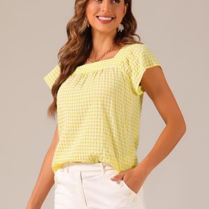 Square Neck Short Sleeves Gingham Plaid Blouse Yellow/M - Allegra K catalog