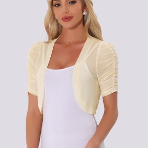 Short Sleeve Open Front Cropped Mesh Sheer Bolero Shrug Light Apricot/L - Allegra K catalog