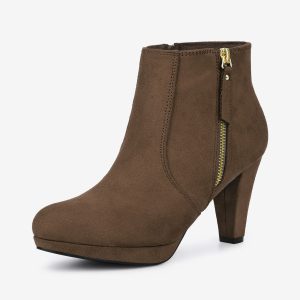 Side Zipper Low Platform Chunky Heel Ankle Booties Dark Brown/9.5 - Allegra K catalog