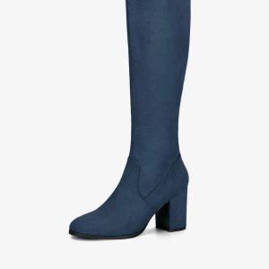 Side Zipper Faux Suede Chunky Heel Knee High Boots Navy Blue/8.5 - Allegra K catalog