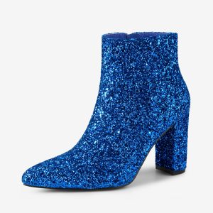 Glitter Pointed Toe Chunky Heel Zipper Ankle Boots Royal Blue/8 - Allegra K catalog
