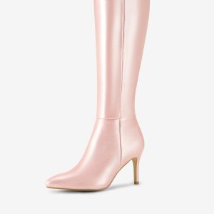 Pointed Toe Stiletto High Heel Zipper Knee High Boots Pink/8 - Allegra K catalog