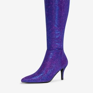 Sparkle Glitter Pointy Toe Stiletto Heel Knee High Boots Purple/10 - Allegra K catalog