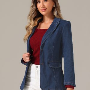 Notched Lapel Denim Single Breasted Shoulder Pad Blazer Jackets Dark Blue/L - Allegra K catalog