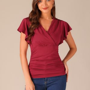 Faux Wrap Blouse Summer V Neck Ruffle Sleeve Casual Top Blouse Dark Red/L - Allegra K catalog