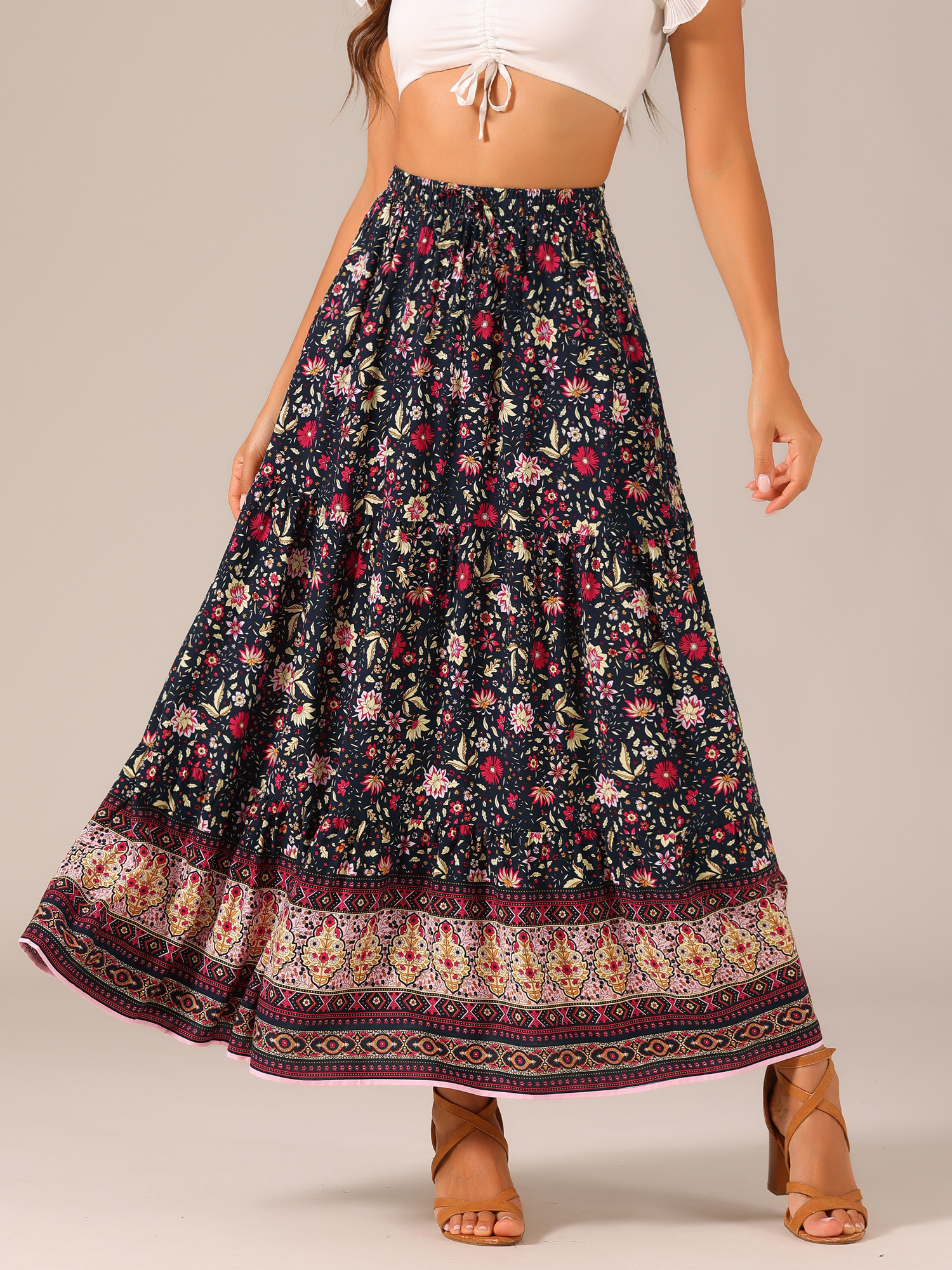 Boho Casual Bohemian Floral Printed Elastic Waist Maxi Skirt Black/L - Allegra K catalog