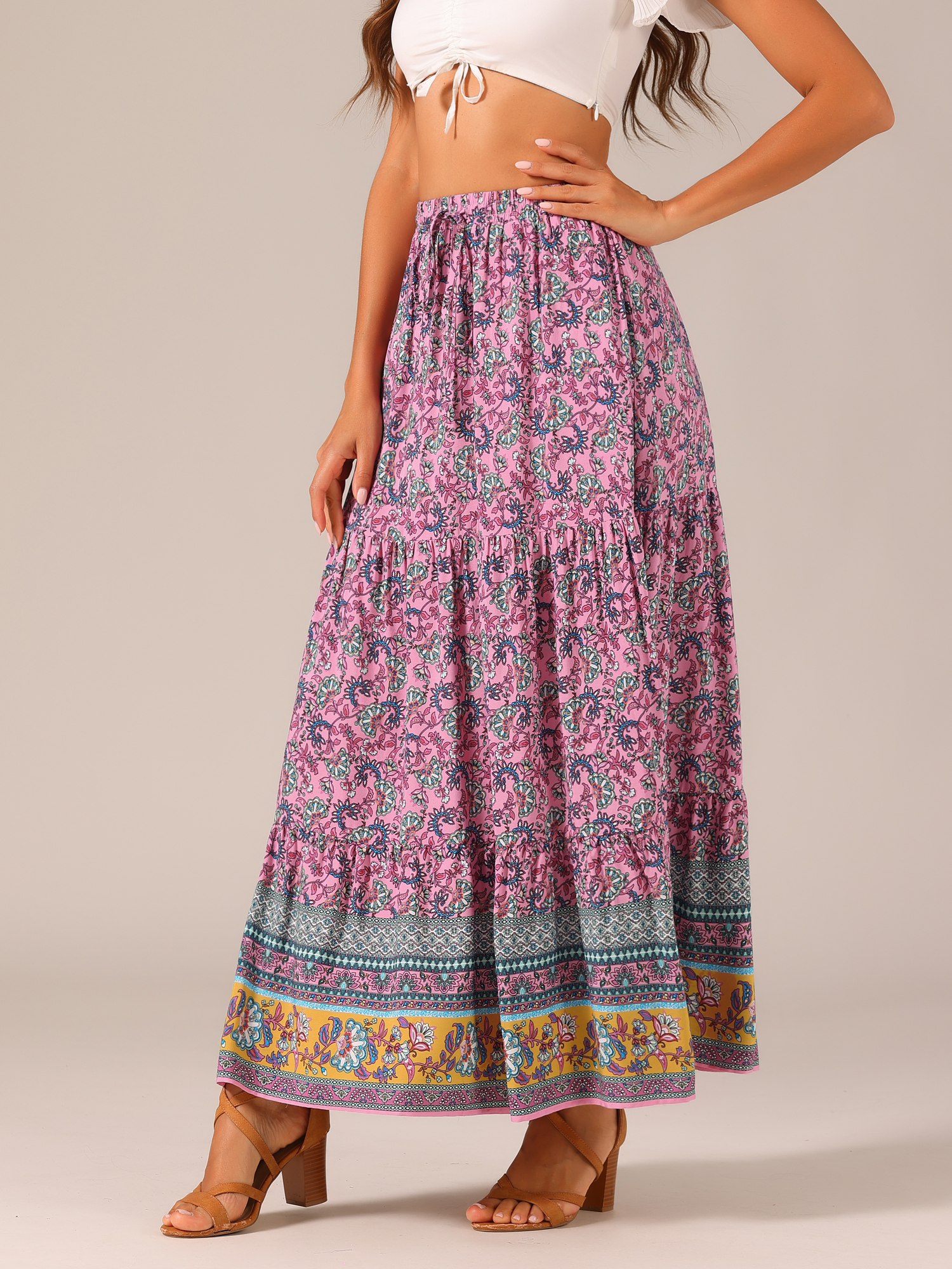Boho Casual Bohemian Floral Printed Elastic Waist Maxi Skirt Pink/M - Allegra K catalog