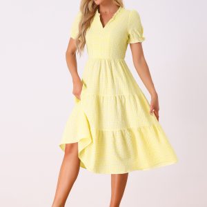 Ruffle Trim V Neck Button Decor Plaid Gingham Tiered Midi Dress Yellow/S - Allegra K catalog