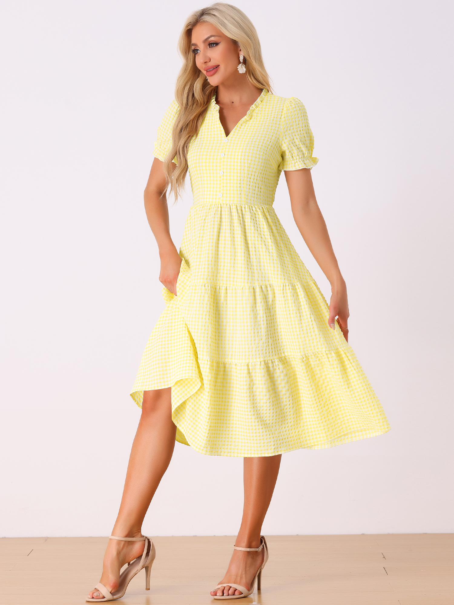 Ruffle Trim V Neck Button Decor Plaid Gingham Tiered Midi Dress Yellow/XL - Allegra K catalog