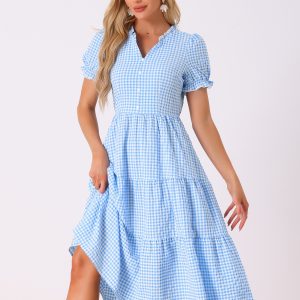 Ruffle Trim V Neck Button Decor Plaid Gingham Tiered Midi Dress Blue/M - Allegra K catalog