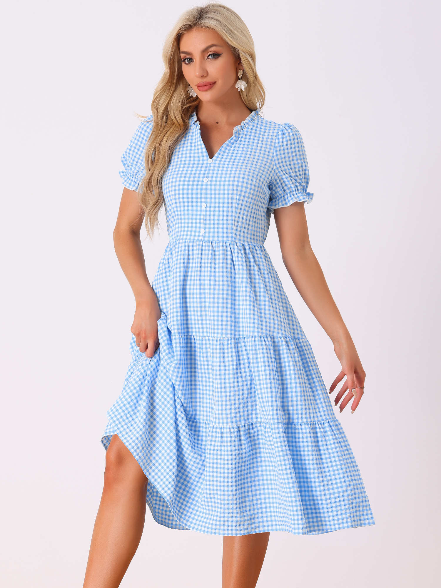 Ruffle Trim V Neck Button Decor Plaid Gingham Tiered Midi Dress Blue/M - Allegra K catalog