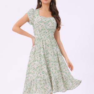 Summer Petal Sleeve Boho Floral Print Midi Dress Green/XS - Allegra K catalog