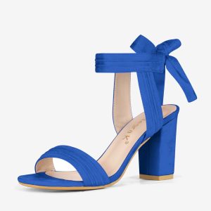 Faux Suede Open Toe Ankle Tie Back Chunky Heel Sandals Deep Blue/7 - Allegra K catalog