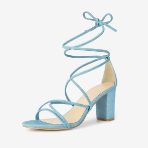Lace Up Strappy Straps Chunky Heel Sandals Demin Blue/6 - Allegra K catalog