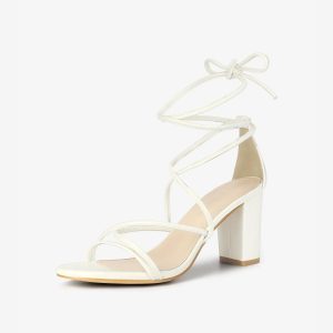 Strappy Strap Lace Up Mid Chunky Heel Sandals White/9 - Allegra K catalog